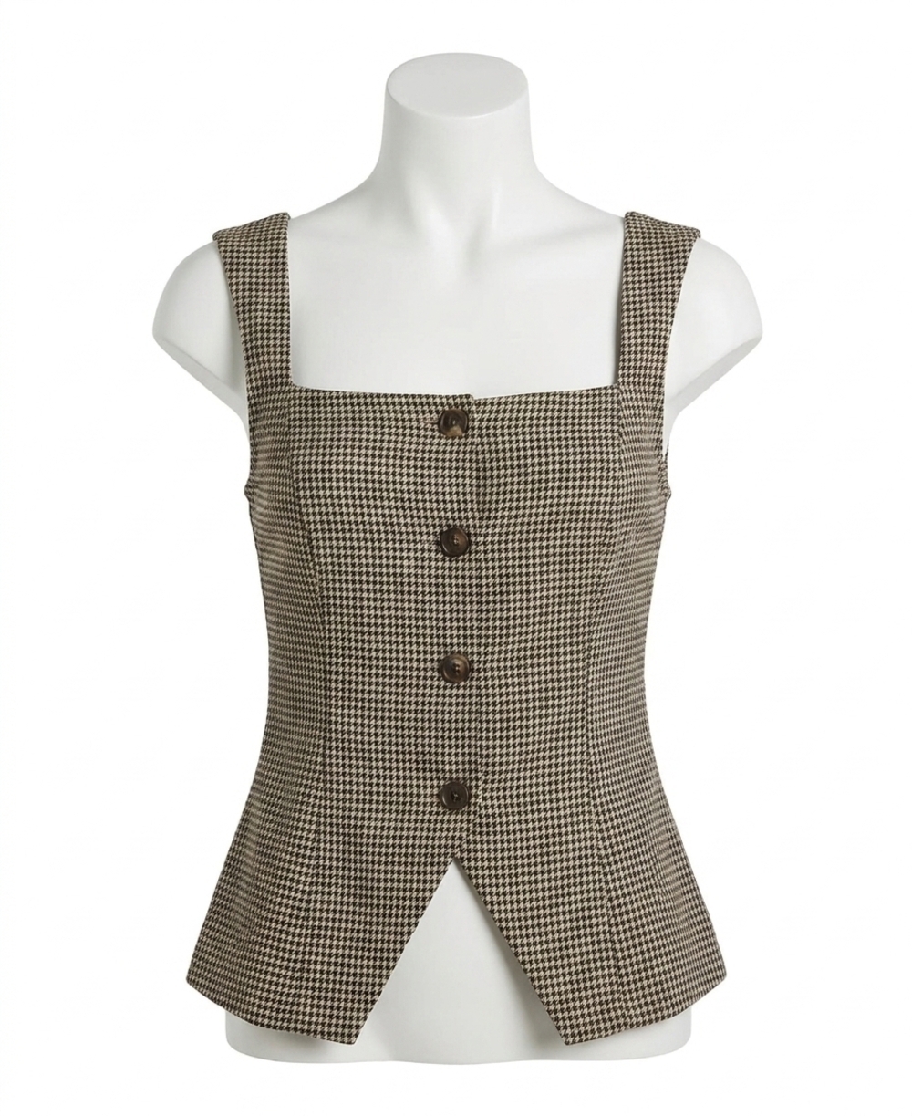 NEW FRENCH CONNECTION houndstooth wool sleeveless top in brown multi